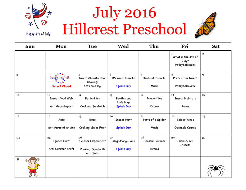 HC July 2016 Preschool calendar